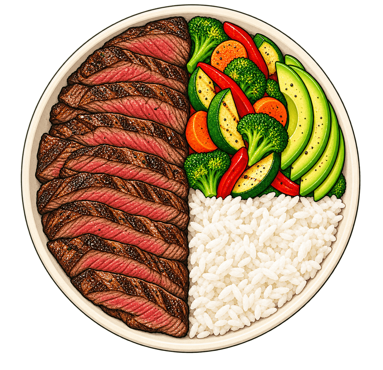 Ilustración de un bowl con carne, arroz, aguacate y vegetales